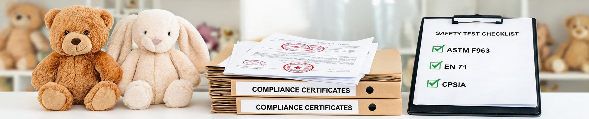 Plush toys beside folders of compliance certificates and safety test reports