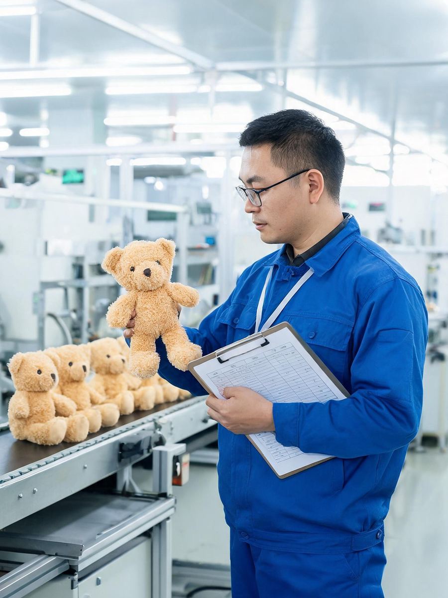 Chinese auditor inspecting a plush toy on the production line with a QC checklist