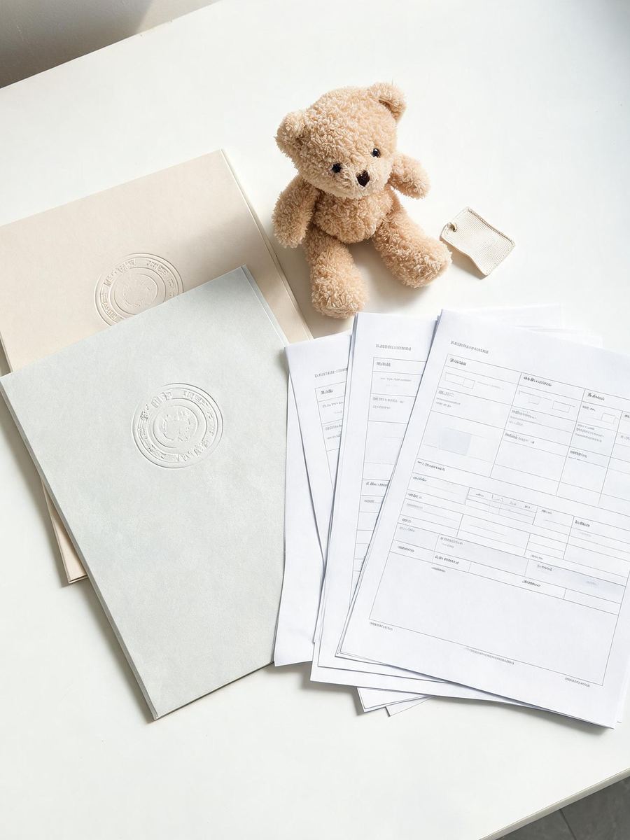 International toy safety certificates, test reports and a plush sample laid out on a desk