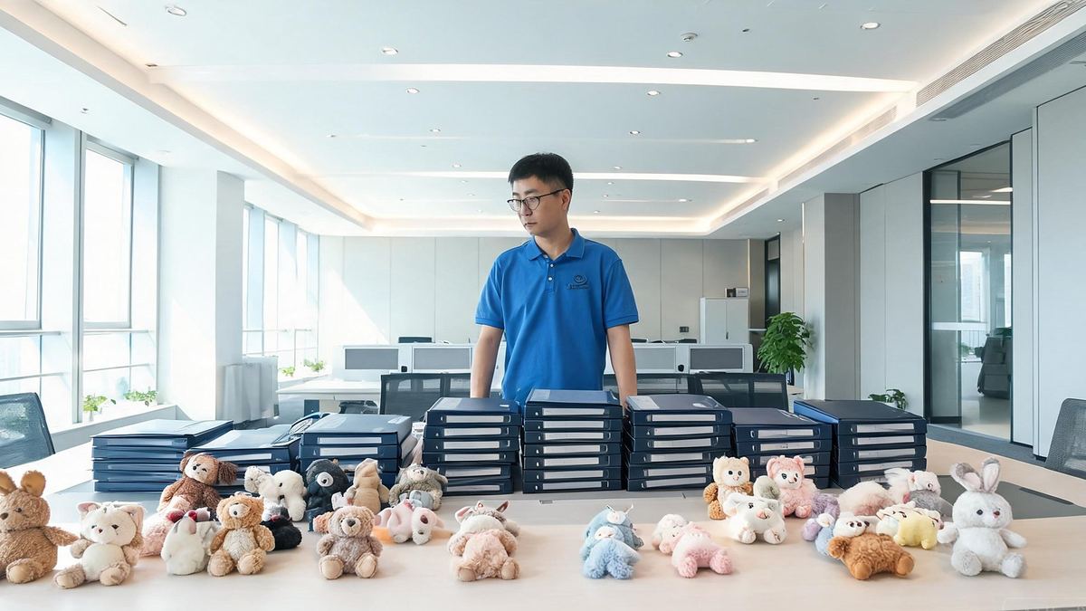 Compliance specialist reviewing certificate folders and plush samples in a certification office