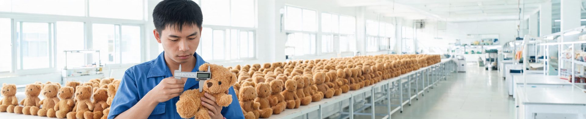 QC inspector measuring a plush toy with digital calipers on the production floor