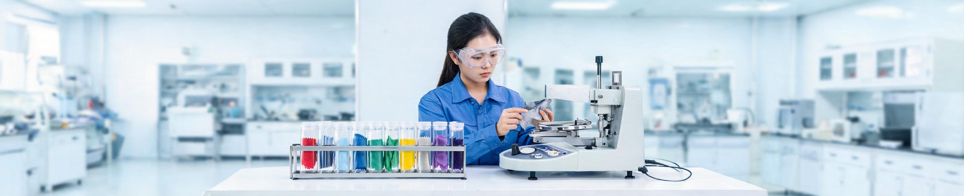 Technician analysing fabric samples on a heavy metal testing instrument in the lab