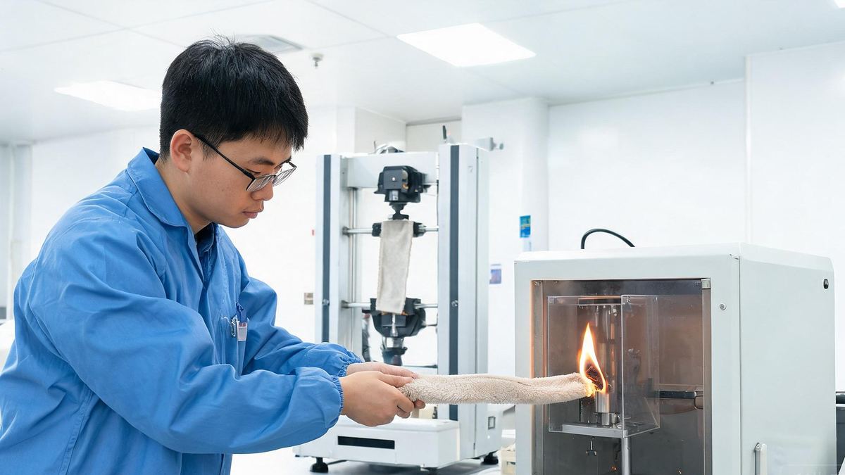 Flammability and tensile strength testing of plush fabric in the testing lab