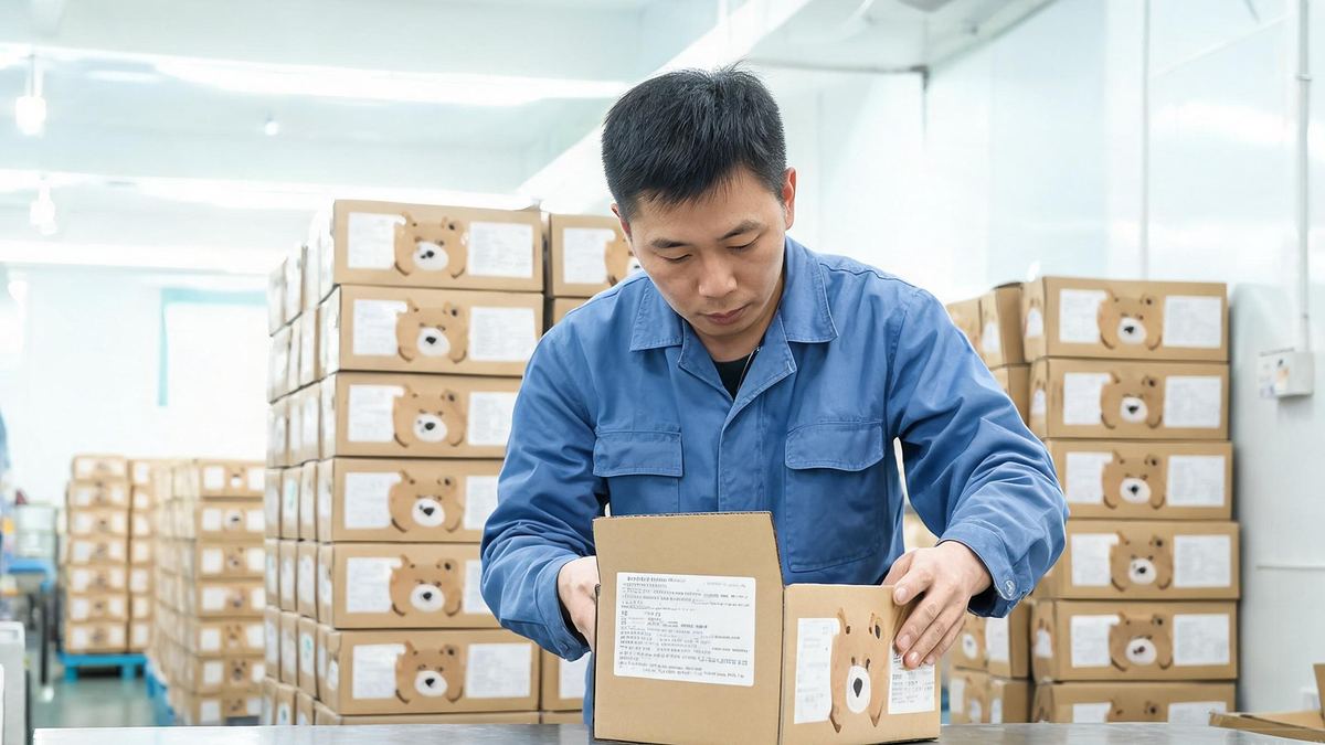 Worker checking carton labelling and warning tags on packaged plush toys