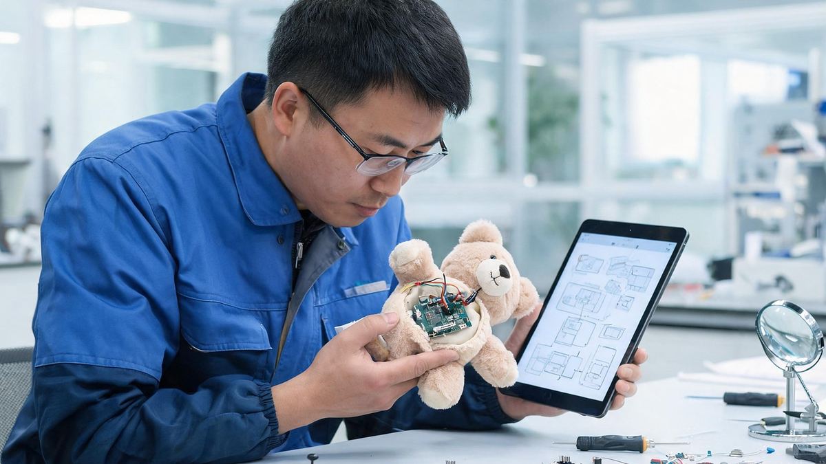Design engineer verifying the internal electronic layout of an interactive plush toy