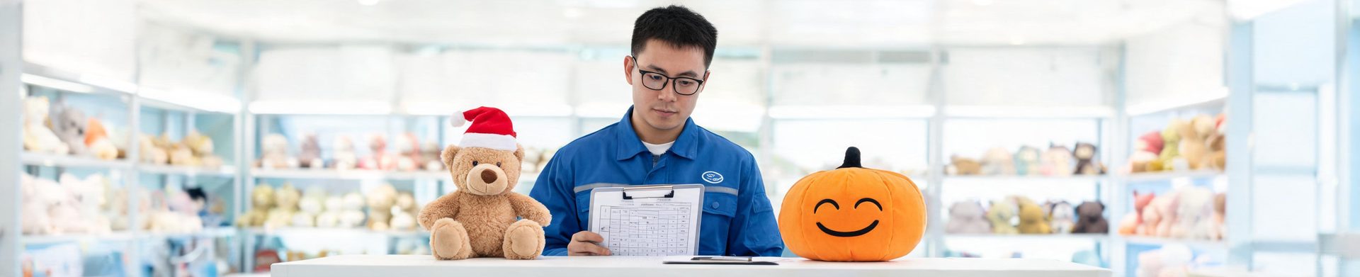 Seasonal plush samples under quality inspection with a checklist