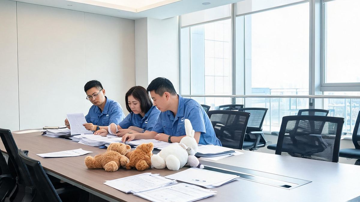Third-party audit meeting reviewing compliance documents and plush samples