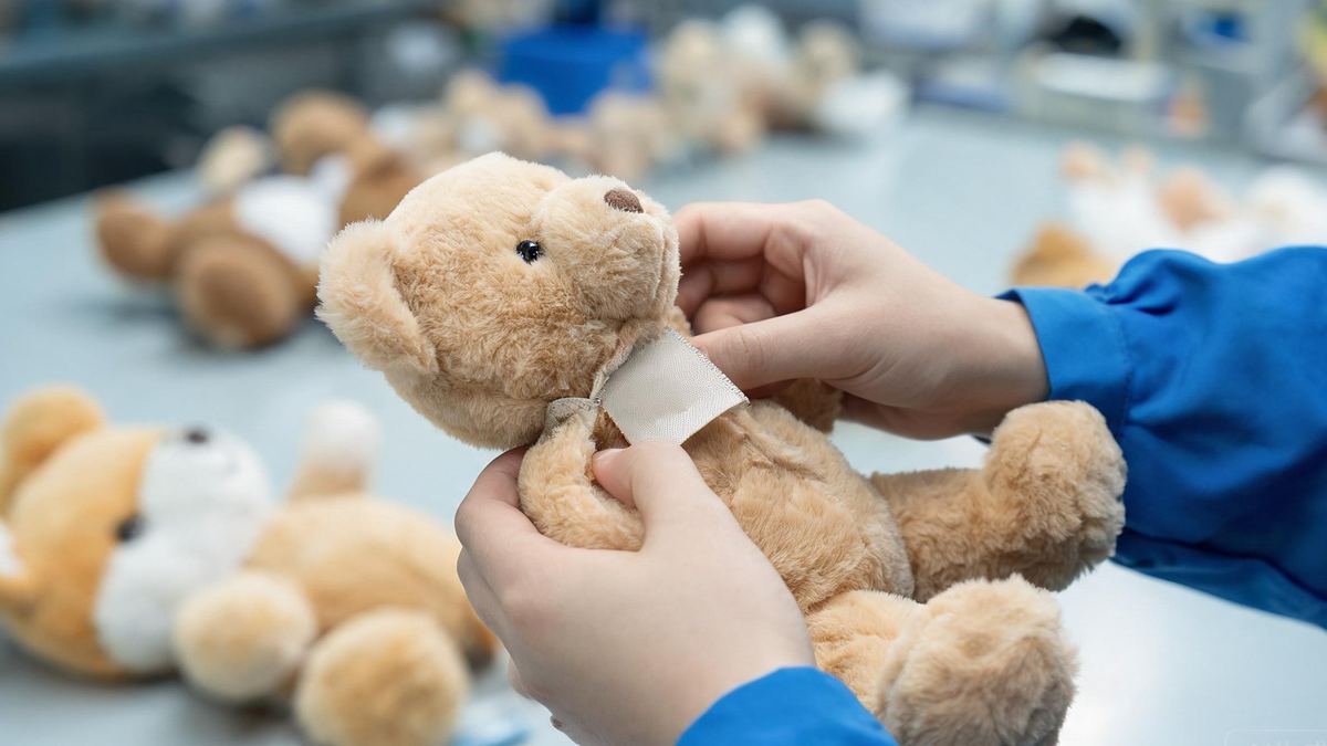 Close-up inspection of a care label and warning tag on a plush toy