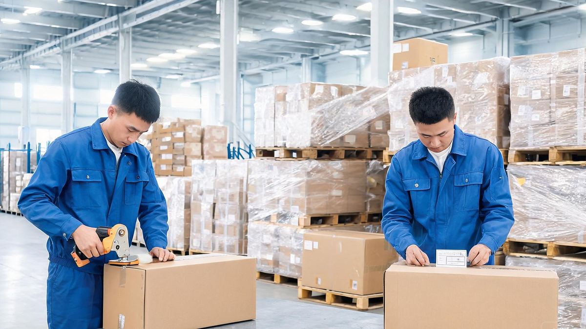 Export packing and carton labelling before shipment in the warehouse
