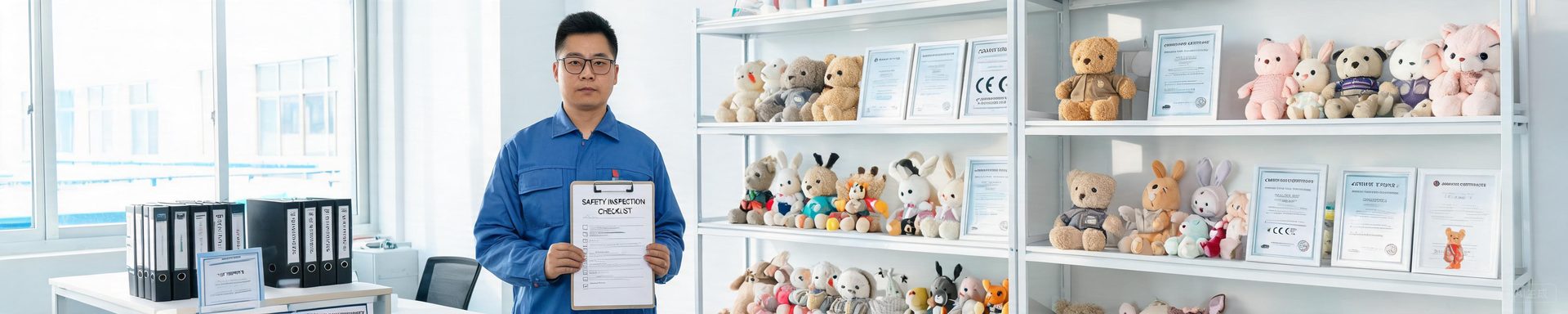 Quality manager holding a safety inspection checklist beside plush samples and certificates