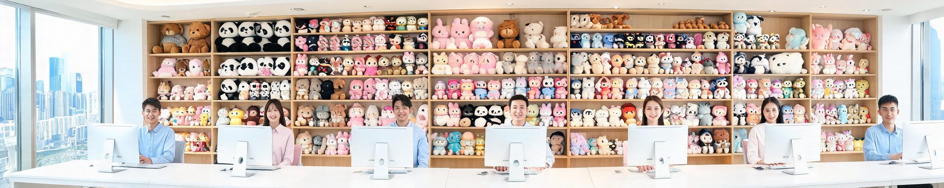 Dixin customer service team with plush toy samples on shelves
