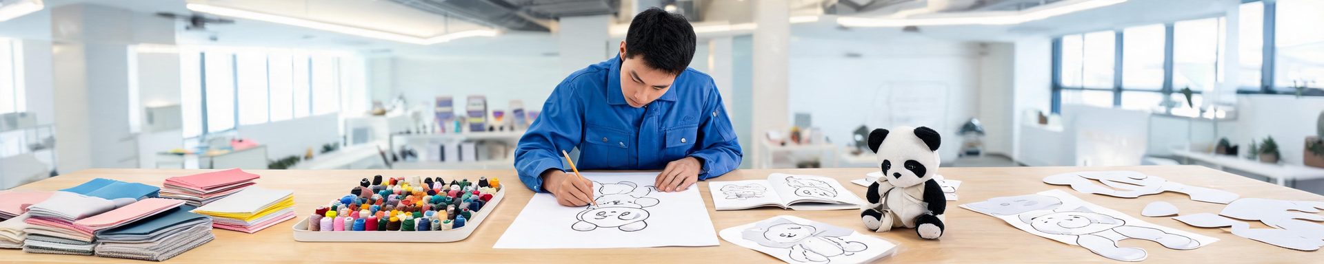Designer drawing a plush character pattern with fabric swatches