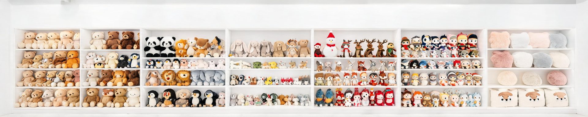 Showroom shelves displaying plush toy product categories
