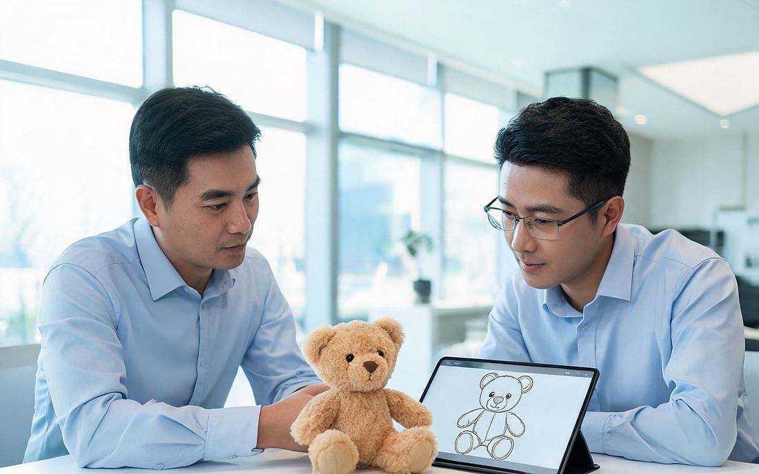 Two managers reviewing a plush toy sample and a design sketch on a tablet during business consultation