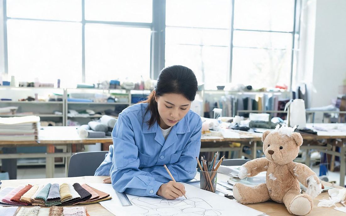 Designer sketching a plush toy pattern beside fabric swatches and a sewn prototype