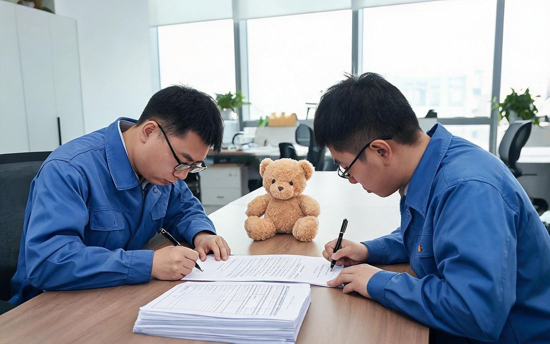 Two managers signing an order contract with a plush sample on the desk