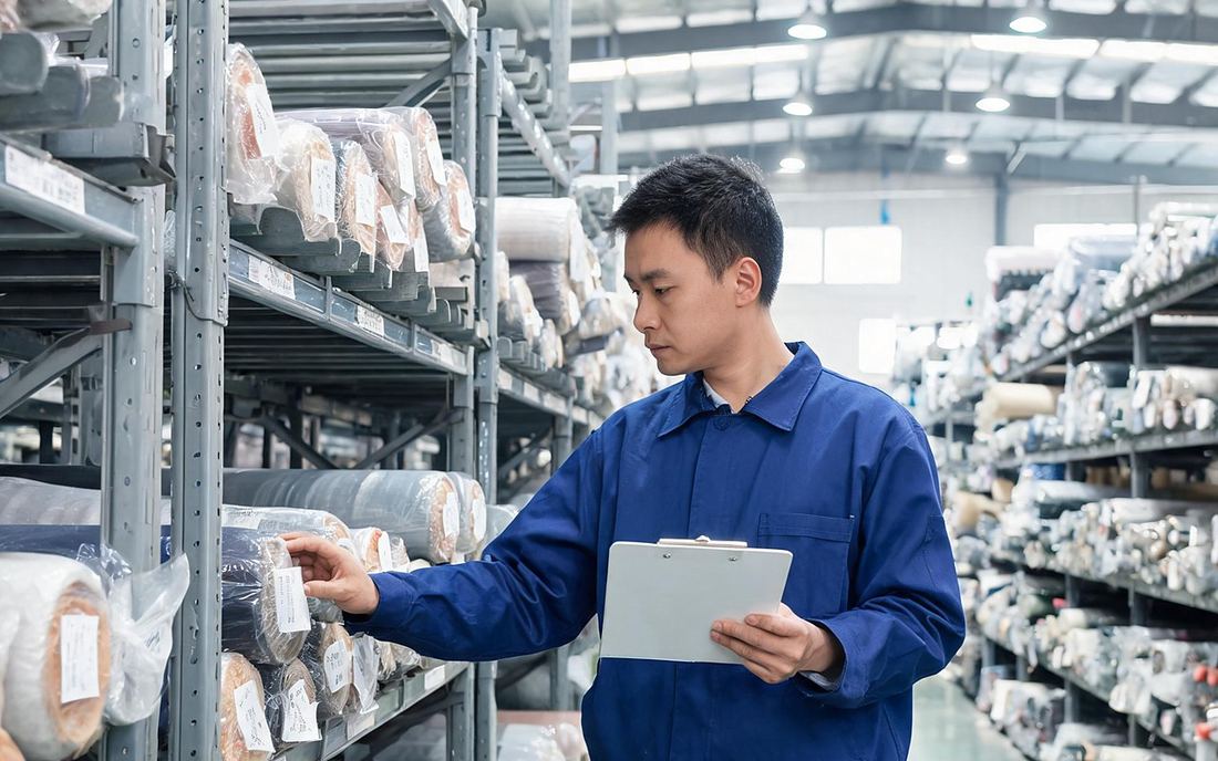 Warehouse worker inspecting rolls of fabric and material labels