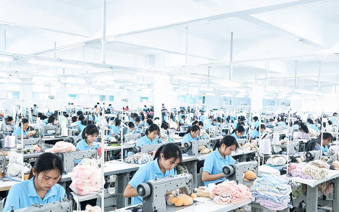 Sewing operators assembling plush toys on the production line