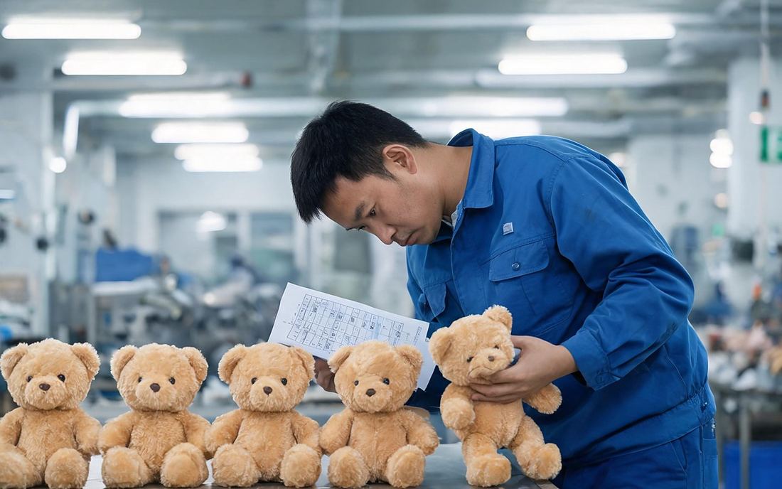 QC inspector checking plush toys against a checklist at an inspection station