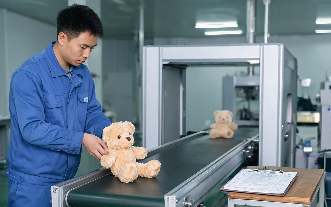 Inspector passing finished plush toys through a metal detection machine