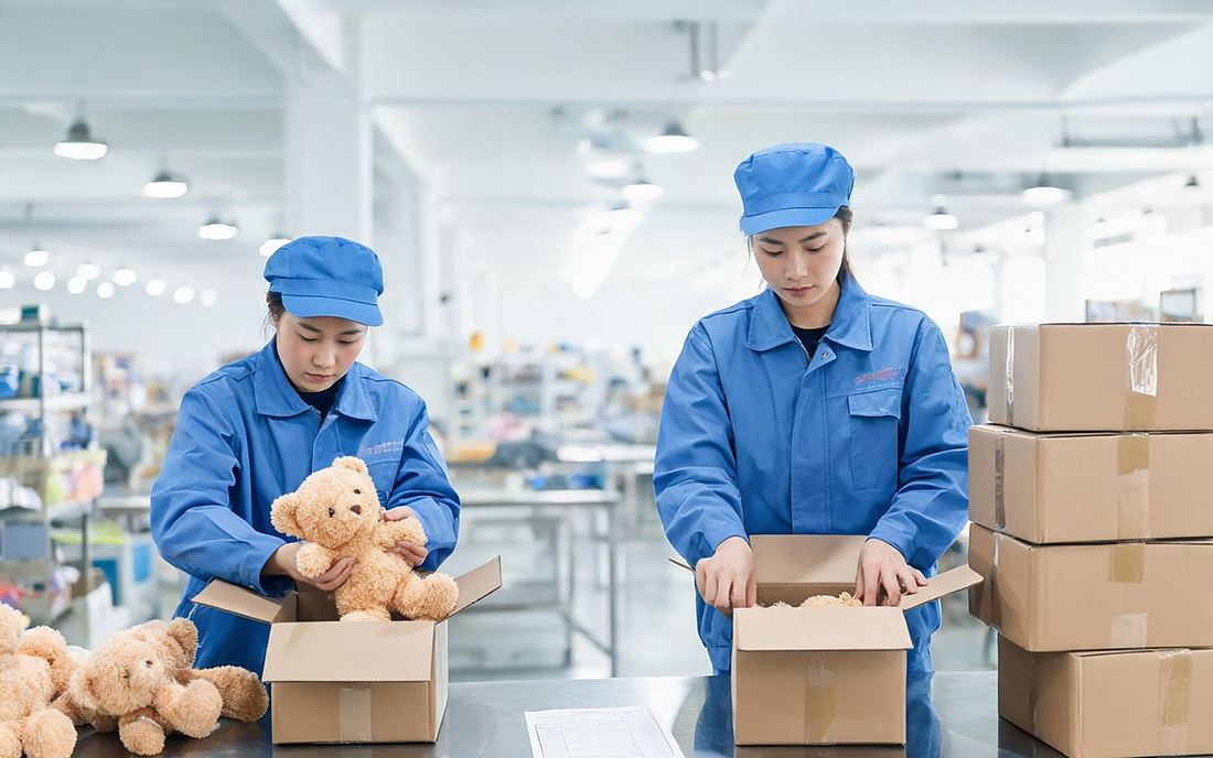 Workers packing plush toys into cartons on the packing table