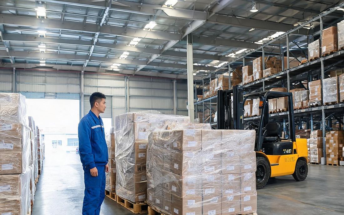 Warehouse worker beside palletised cartons and a forklift ready for shipment