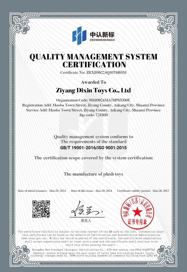 ISO 9001 Certificate — Ziyang Dixin Toys