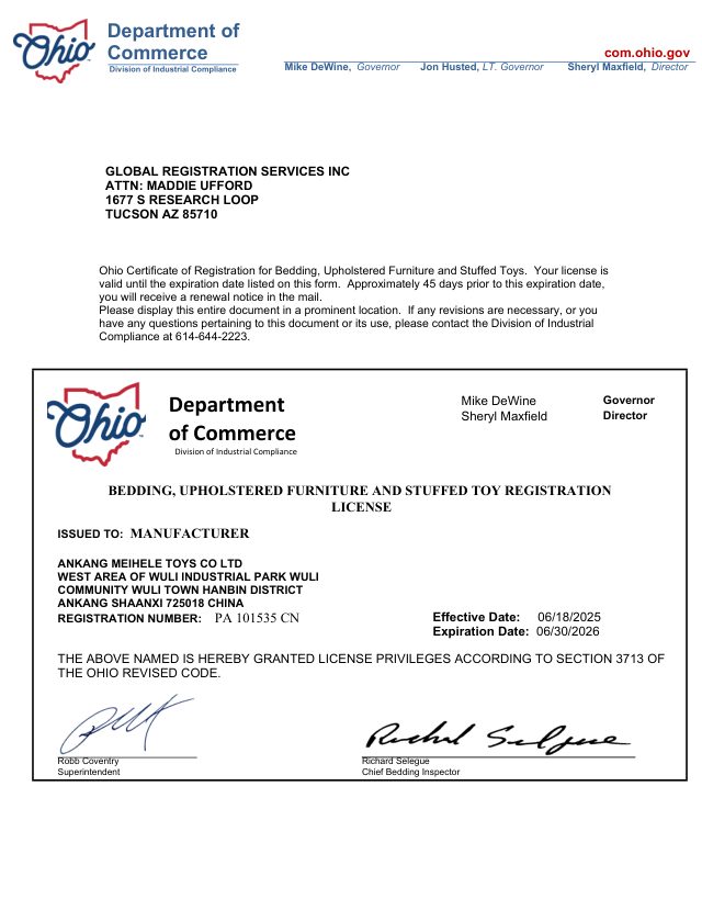Ohio Stuffed Toy Registration Certificate
